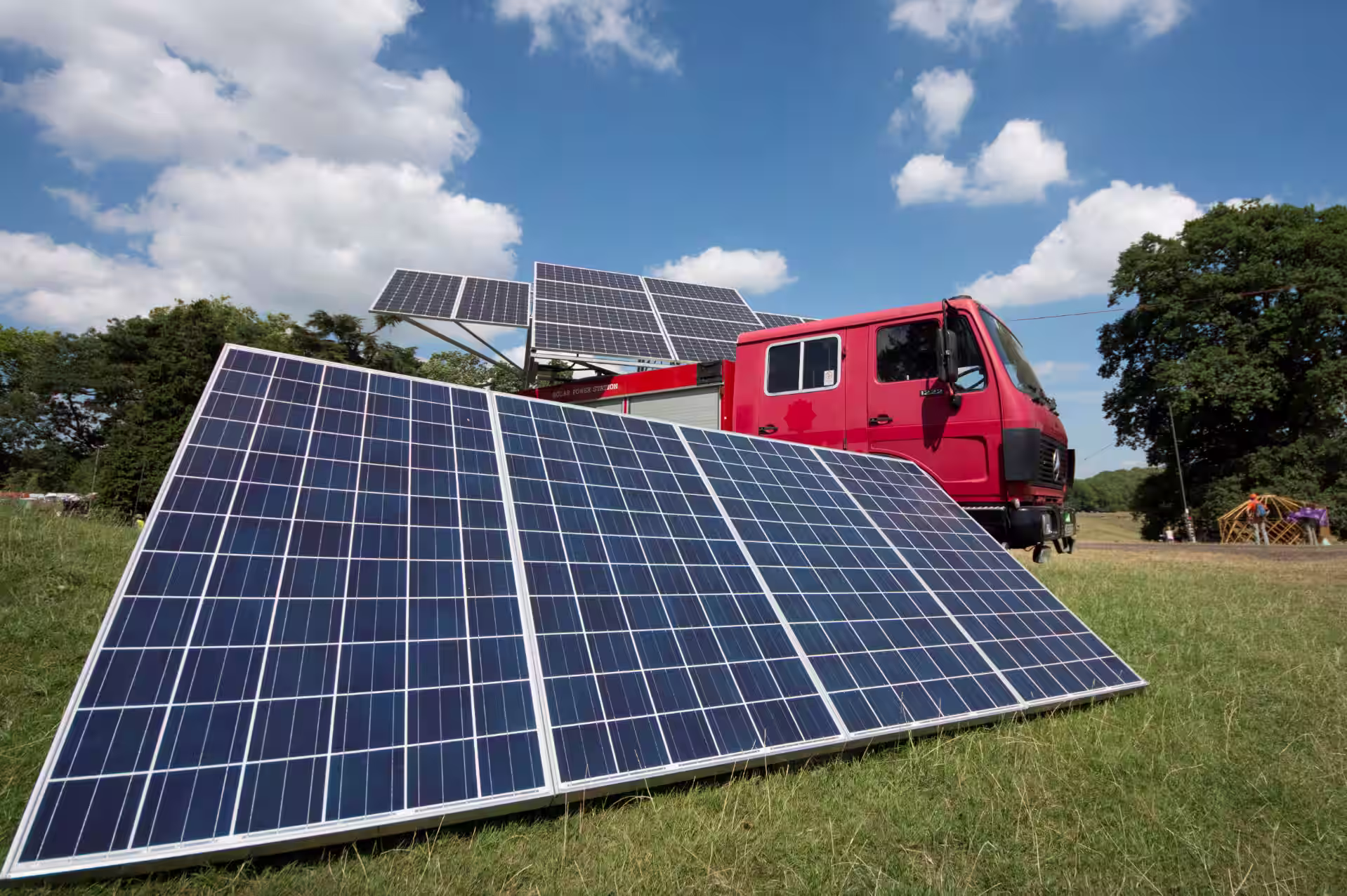 Solar panels on and near a fire engine