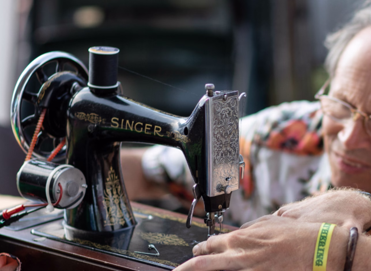 Sewing at Green Gathering on an old Singer machine