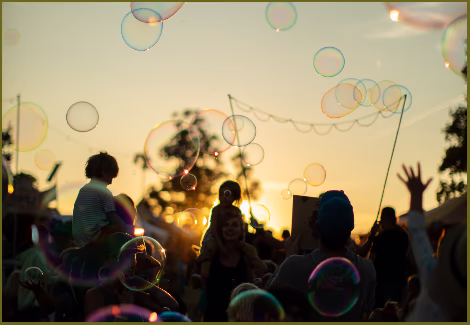 Green Gathering - bubbles against a sunset sky